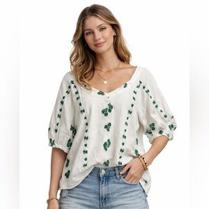 Dylan Embroidered Cotton Peasant Blouse White Green Floral Boho Medium